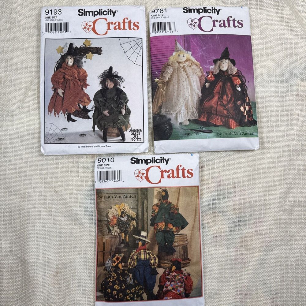 Simplicity Crafts Vintage Fall & Halloween Sewing Patterns Witch Crow Doll
